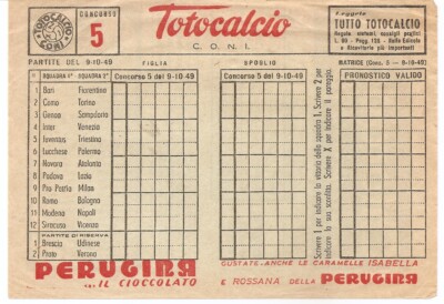 TOTOCALCIO CONI CARD COMPETITION 5 OF 9-10-1949 - LOTTERIES PERUGINA FOOTBALL 