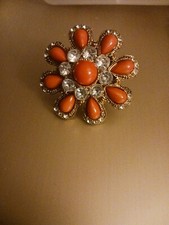 Large Flower Ring Coral Color Diamond Rhinestone Stretch Ring