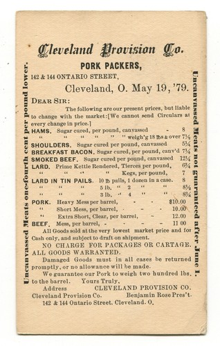 Cleveland Ohio Postal Reply Card 1879 Cleveland Provision Co. Pork Packers - 第 1/2 張圖片
