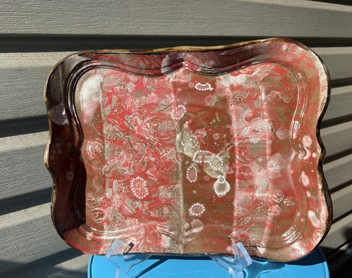 MM Pottery Roses Flowers Paisley Stripes Scalloped Studio Art Pottery Tray 11.5"