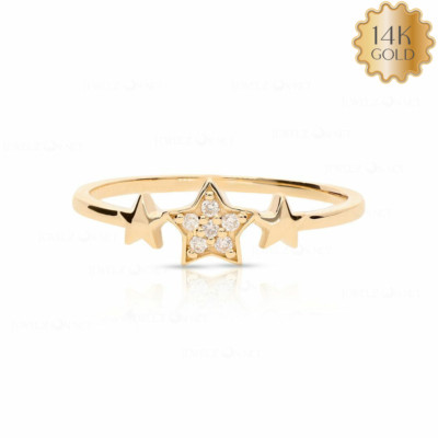 14K Gold 0.06 Ct Natural Diamond Three Star Design Ring Celestial-Birthday Gift