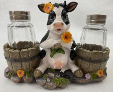 Humorous Sweet Holstein Cow w/ Flower  Salt and Pepper Shaker Water Pail Holder