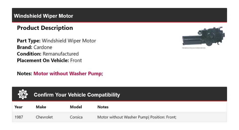 For 1987 Chevrolet Corsica Windshield Wiper Motor Front Cardone - Image 2 of 4