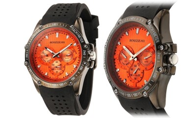 NEW Rousseau 9641 Men's Baer Tachymeter Orange Dial Black Silicone Watch