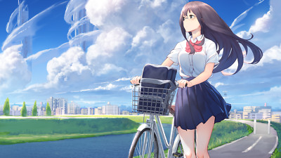 Anime girls bicycle long hair sky clouds outdoors playmat gaming mat
