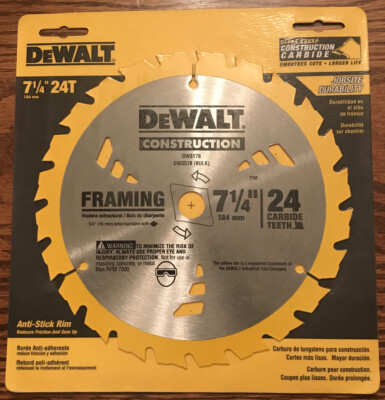 Dewalt "Construction" 7-1/4" x 24 Th Carbide Saw Blade Framing Skill Saw DW3178 Dewalt "Construction" 7-1/4" x 24 Th Carbide Saw Blade Framing Skill Saw DW3178