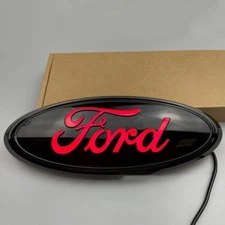 1pc Red Light LED Tailgate Badge Front Grille Emblem Black Housing For Ford