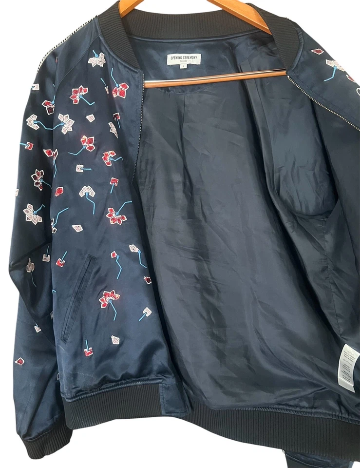 Chaqueta Bomber Ceremonia de Apertura Embellecida Floral Lentejuelas Azul Marino Seda Talla L Foto 2 de 4