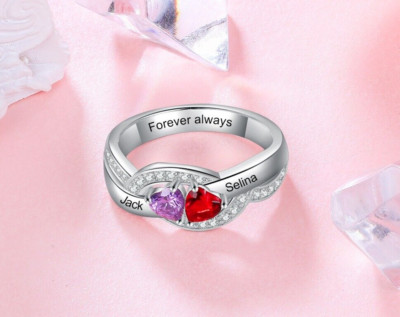 Personalized Engraved Mothers Ring 2 Birthstones 2 Names + Inner Engraving