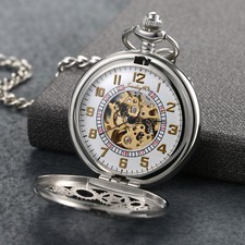 Vintage Mens Womens Pocket Watch Mechanical Silver Tone Steampunk Skeleton Chain