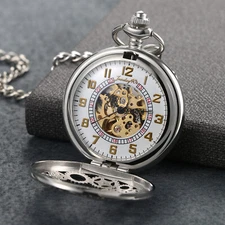 Vintage Mens Womens Pocket Watch Mechanical Silver Tone Steampunk Skeleton Chain