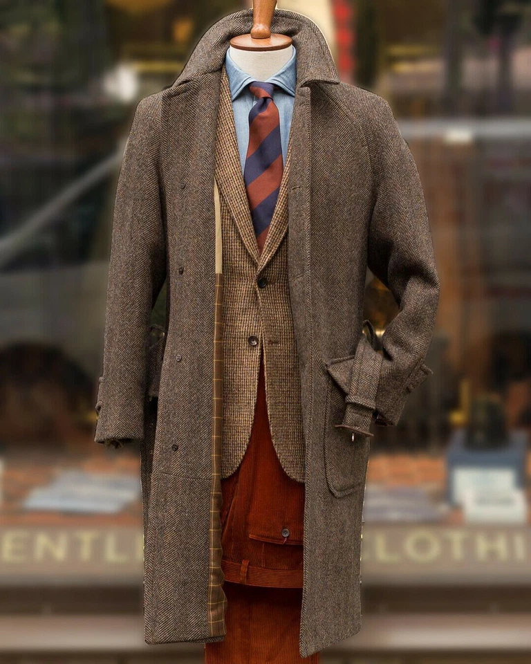 Tweed Men's Overcoat Herringbone Wool Blend with Belt Casual Sports Long Jacket - Image 2 of 4