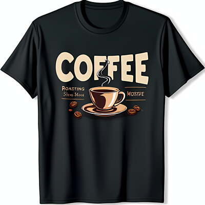 Vintage Style Black T-Shirt with COFFEE Graphic Coffee Cup & Beans
