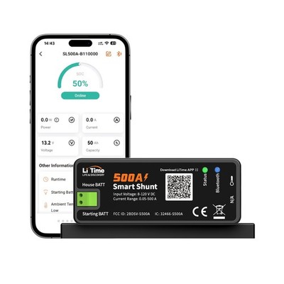 LiTime 500A Smart Bluetooth Shunt Batterie Monitor für 8-120V LiFePO4 AGM Gel