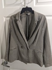 H M Womens Houndstooth Blazer Jacket Size M Black White Office Preppy Academia