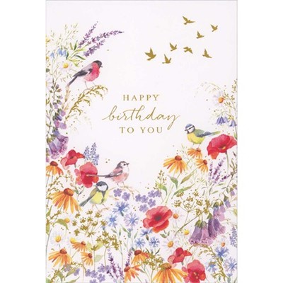 Pictura Four Small Watercolor Birds Perched on Colorful Flowers Birthday Card