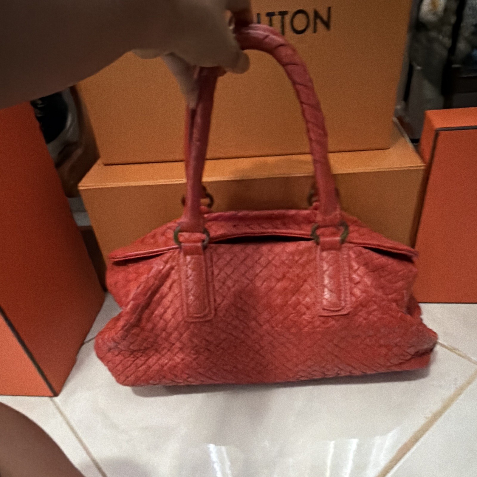 Bottega Veneta Red Woven Shoulder Bag Zip, Double Handles, Detachable Strap