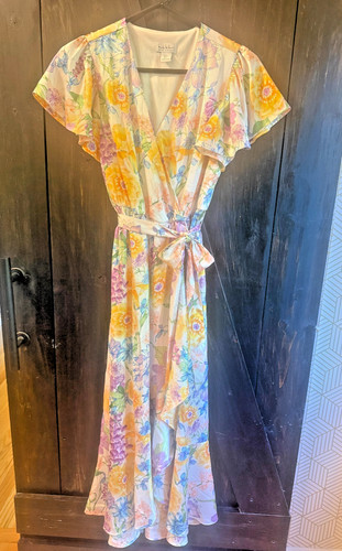 Nicole Miller New York Satin Floral Mock Wrap Midi Ruffle Dress White Colorful S