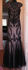 Black Tulle Mesh over Nude CACHET Fitted Mermaid Formal Prom Long Evening Gown 4
