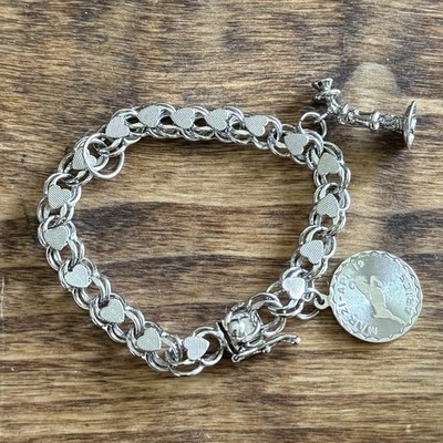 925 Sterling Silver ELCO Charm Bracelet Heart Links 7.5  Aries & Telephone Charm