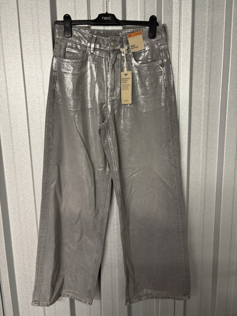 M&S High Rise Wide Leg Coated Jeans Denim Trouser UK 10 Regular