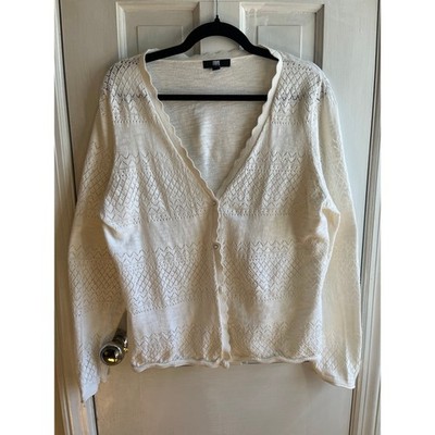 Frye Cream White Pointelle Knit  Cotton Cardigan - Sz L/XL - Cottagecore