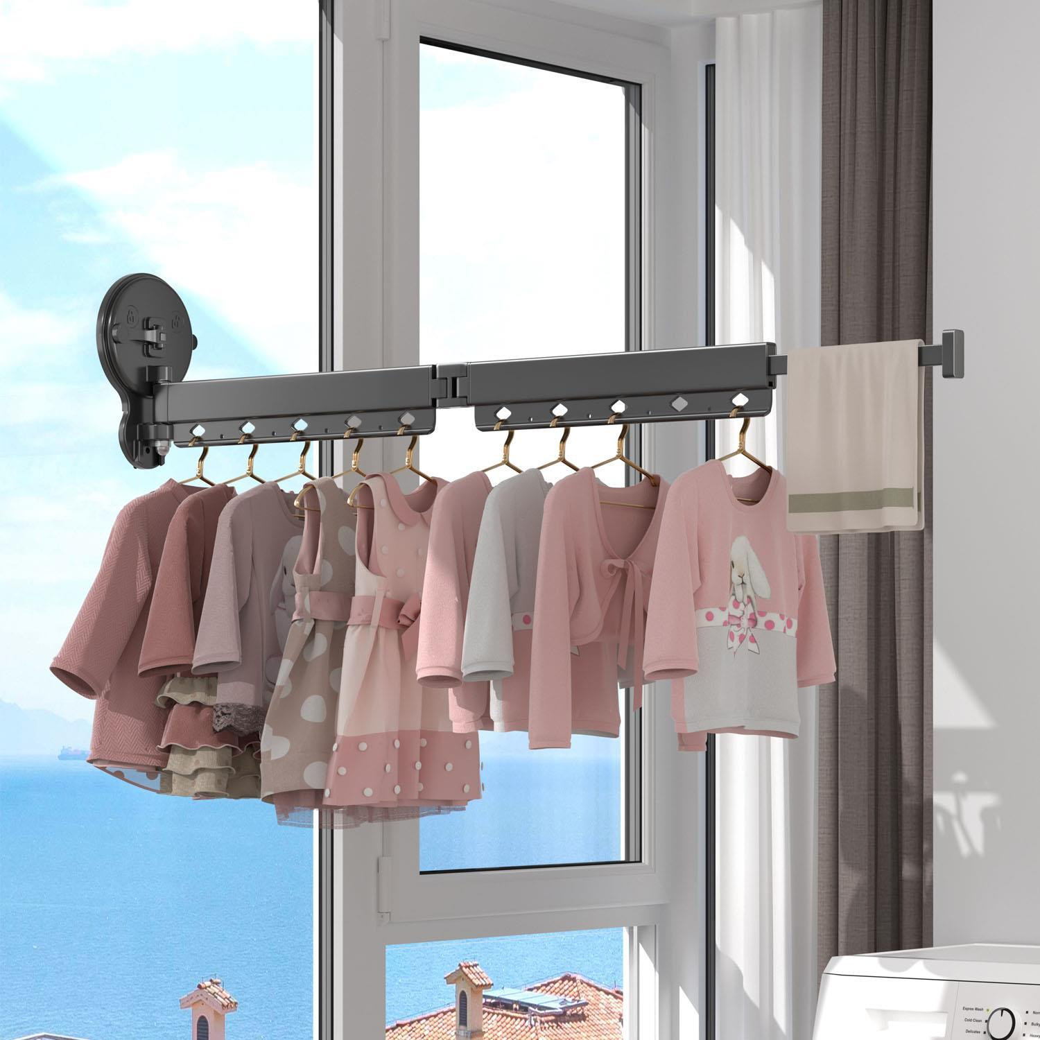 Taylor & Brown Clothes Drying Rack Wall Mounted 2-Fold Retractable Fold Away Laundry Airer Garment Rack with 10 Hooks, 360° Rotating with Double Suction for Balcony, Laundry, Bathroom - Image 3