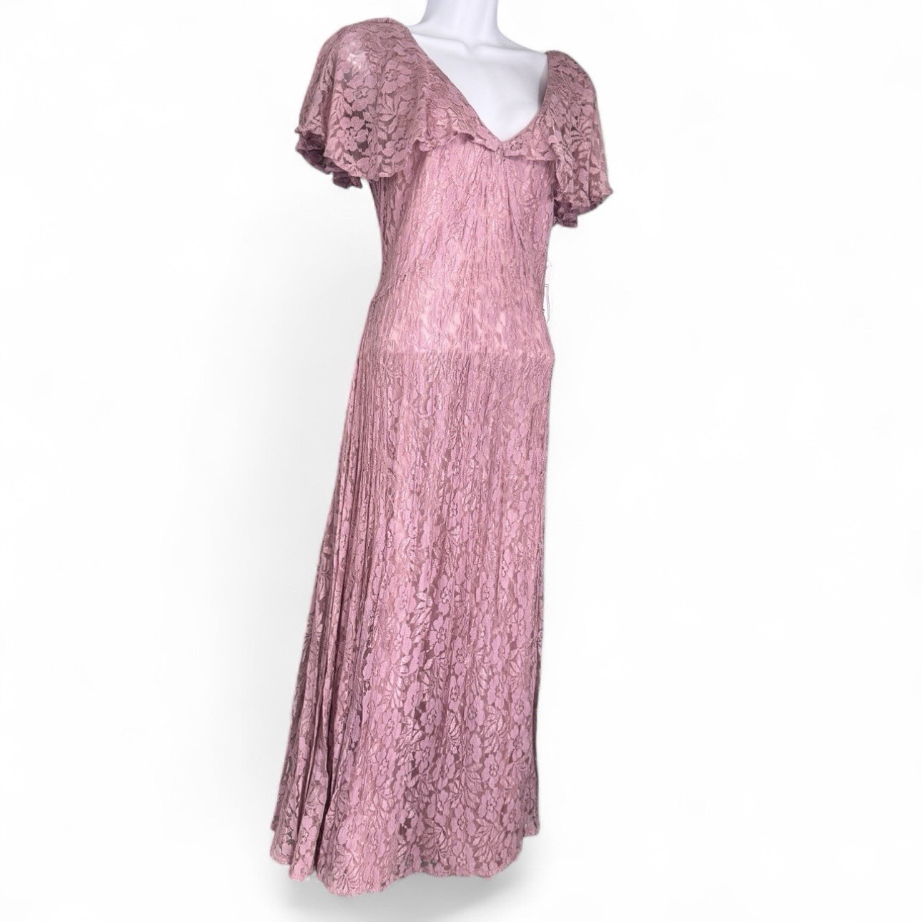 Vestido largo vintage de encaje transparente para cabaña pradera cottagecore en mal estado talla L rosa polvoriento