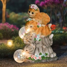 Solar Cat Garden Statue Resin Cat Statue Decor Outdoor with LED Lights for Out