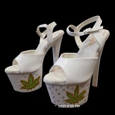 Pleaser White 7" Stripper Shoes Platform Heels Dancer Marijuana Leaf Sz 7 Exotic