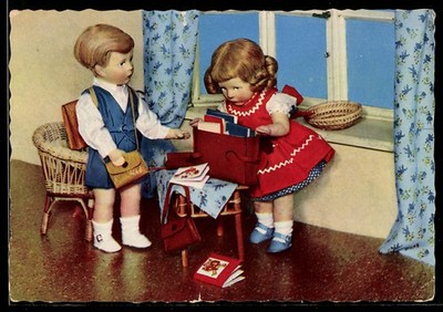 Two Käthe Kruse Dolls Unpack Their School Bag, Postcard 