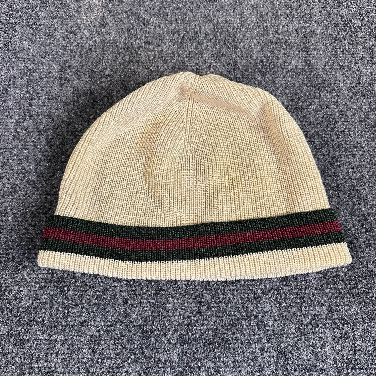 Authentic GUCCI Beanie Hat Beige Ivory Wool Silk Web Stripe Made
