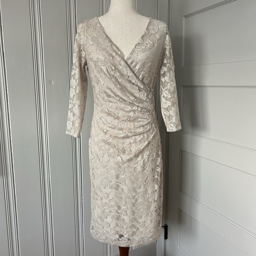 RALPH LAUREN Women’s 6 Cream All Lace Side Ruched 3/4 Sleeve V-neck Dress Lined