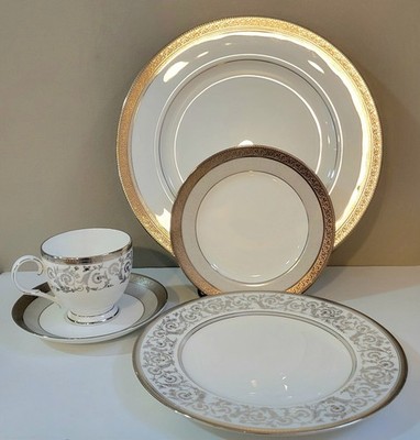Noritake Bone China 4919 Summit Platinum 5 Pc Place Setting Floral Leaf Design