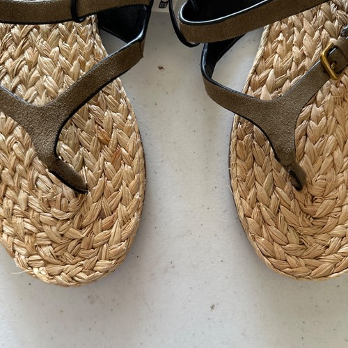 ZARA sandali infradito donna 40 US 9,5 cinturino pelle verde militare plantare rafia - Foto 3 di 7
