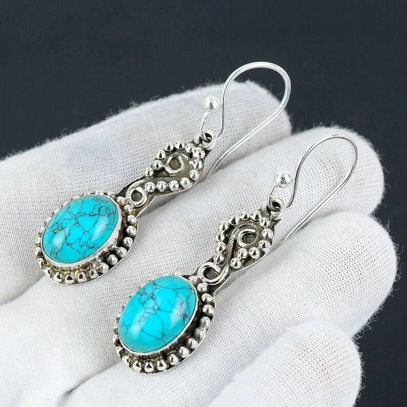 Blue Turquoise Gemstone Handmade 925 Sterling Silver Jewelry Earring Size-1.75" - Image 3 of 4