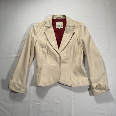 Vintage Ferre Leather Two Button Blazer Jacket Ivory Women's Size 42