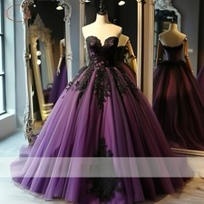 Gothic Black Purple Wedding Dresses Strapless Lace Applique Beaded Bridal Gowns