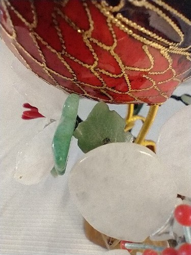 Jade Glass Bonsai Cherry Blossom Tree With Red Cloisonne Cardinal On Branch - Picture 10 of 16