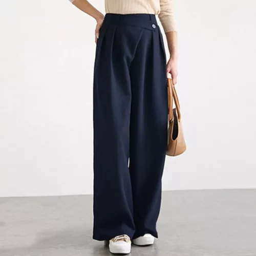 Women Wide Leg Irregular Pleated Loose High Waist Casual Pants Bottoms Trousers - Picture 5 of 21
