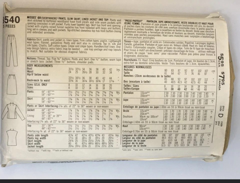 Pants Top Size 14 B36 S8540 Slim Skirt Lined Jacket Cut Sewing Pattern Vtg 80s - Image 2 of 2