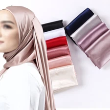 Satin Solid Color Scarf Long Turban Muslim Head Scarves Women's Shawls Head Wrap