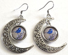 BLUE WREN BIRD DOUBLE SIDED QUARTER MOON FILIGREE PENDANT EARRINGS - BRAND NEW