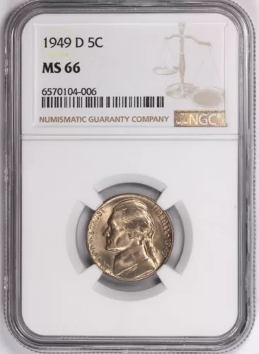1949 D Jefferson Nickel 5C NGC Certified MS66-From Original Rolls