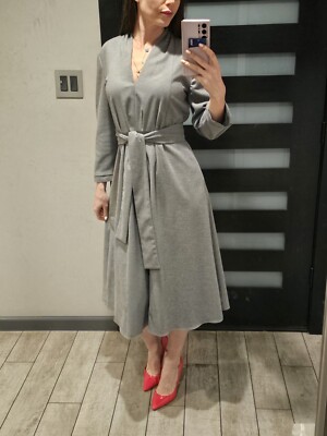 Zara Woman Elegant Flowing Pleated Maxi Dress Gray Long Sleeve Belted M