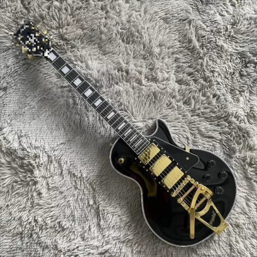 Standard Black Electric Guitar LP Gold HHH Pickups Big Vibrato Bridge Hardware