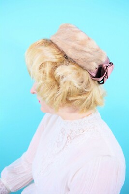 Vintage 1950s Pillbox Lady Bess Fur Mauve Tan Netted Round 