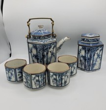 Vtg Japanese Tea Set Blue White Hexagonal Teapot Brass Handle 4 Cups Canister
