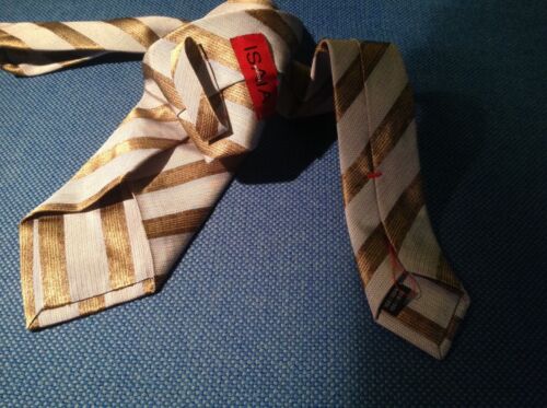 ISAIA Napoli - WOVEN SILK NECKTiE - BLUE BROWN ELEGANT STRIPE DESIGN $235 NWOT - Picture 3 of 3