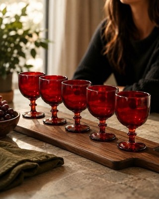 House Ruby Red Goblets   Set of 5   USA Wine Glasses, Vintage